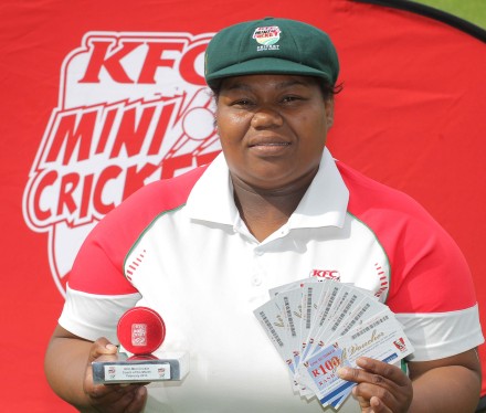 Reney Botha from Bongolethu Primary in Oudsthoorn during the KFC Mini-Cricket Coach of the Month Award for February